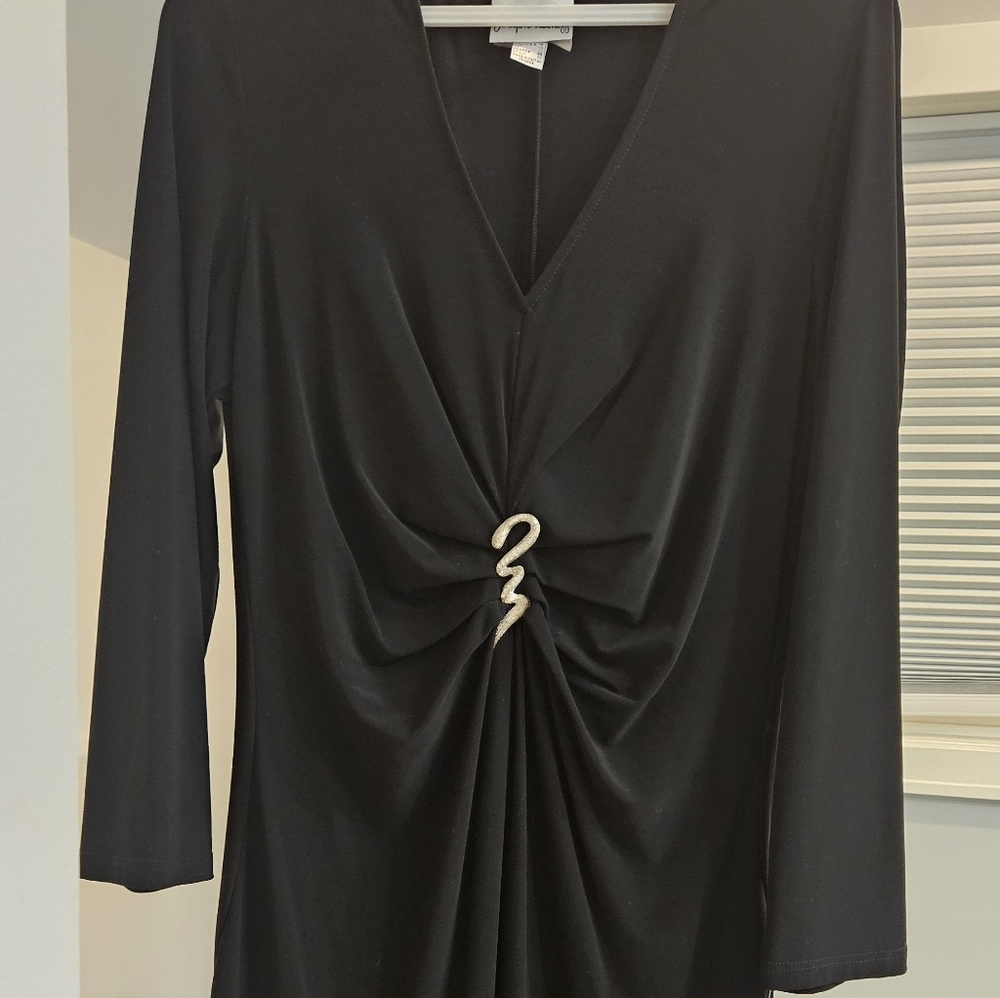NEW, Vintage. Womens  Joseph Ribkoff Black Ruched Midi Dress With Brooch.